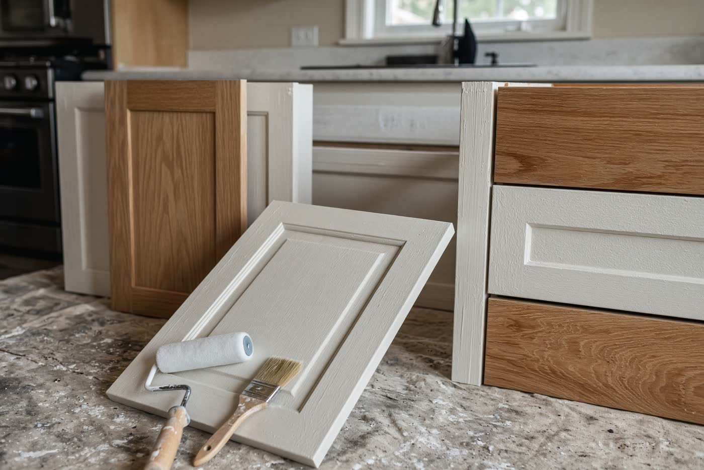 Kitchen cabinet doors being painted on site