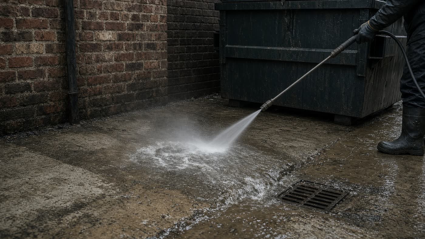 Exterior concrete and dumpster area being washed
