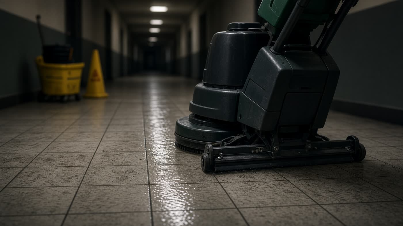 Commercial floor scrubber in use