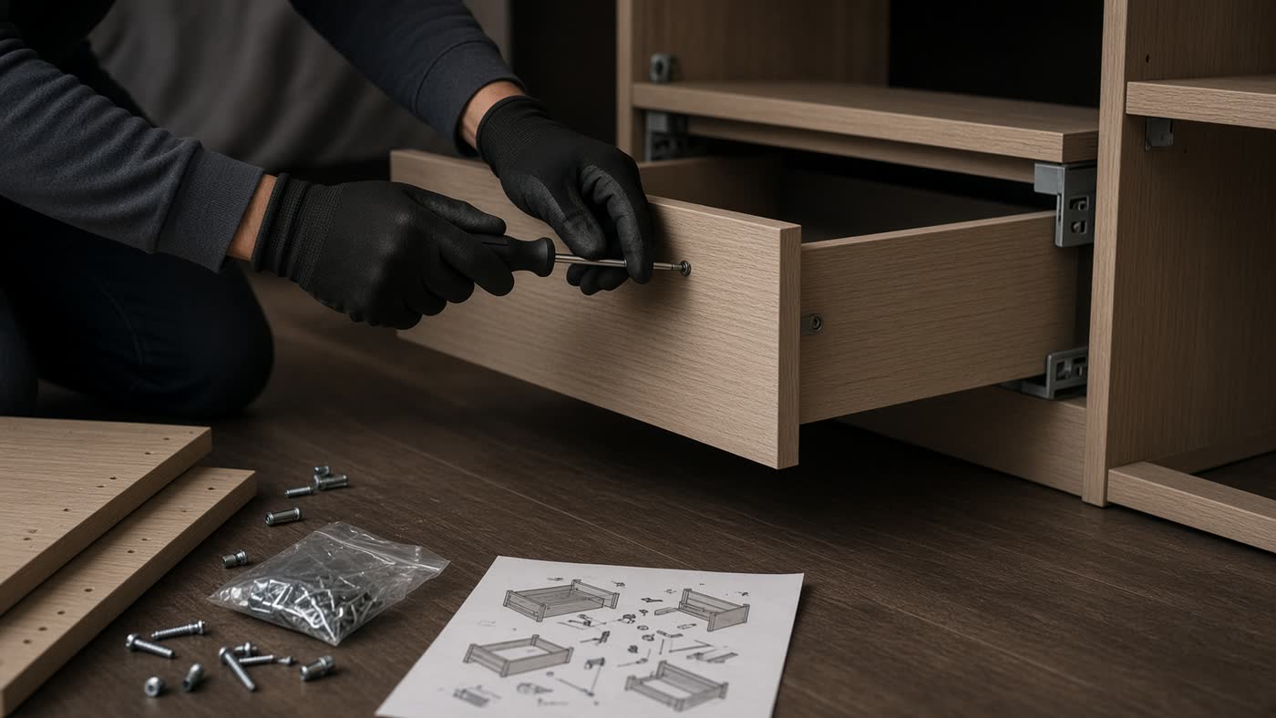 Furniture being assembled with hardware on the floor