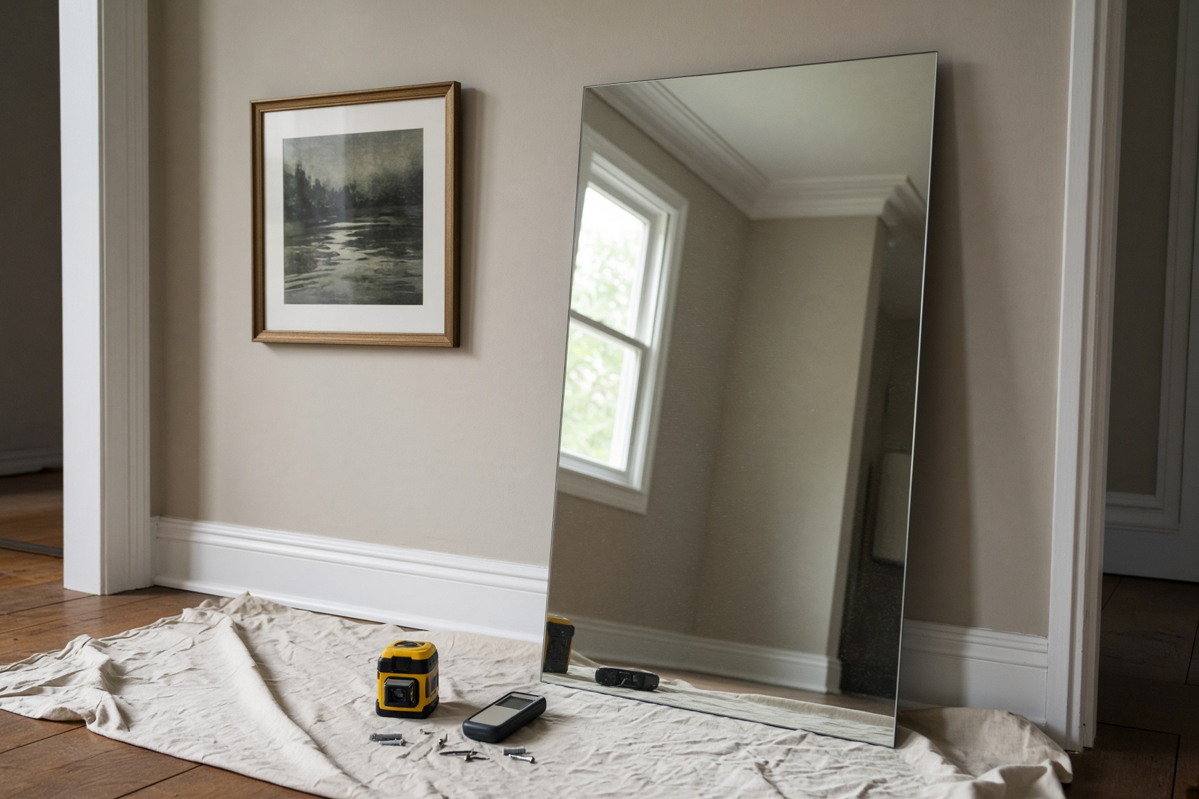 Mirror and artwork hanging in progress