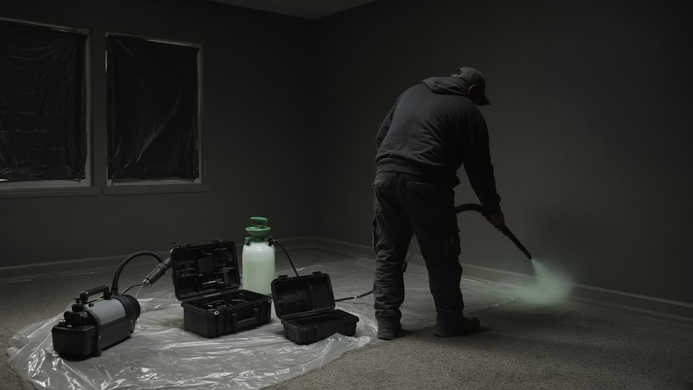 Odor-treatment equipment in use on carpet — representative process photography