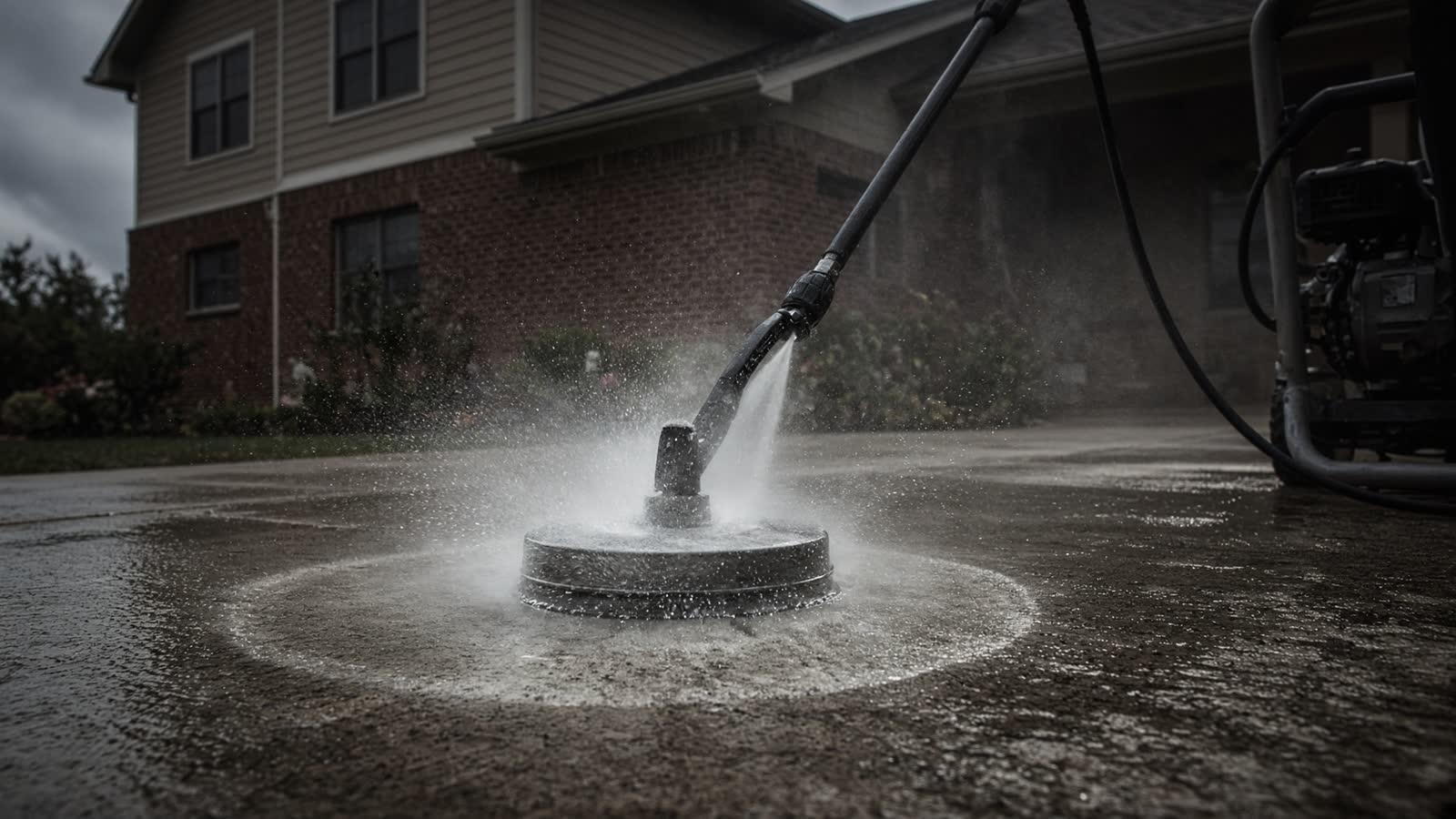 Exterior concrete being pressure-washed